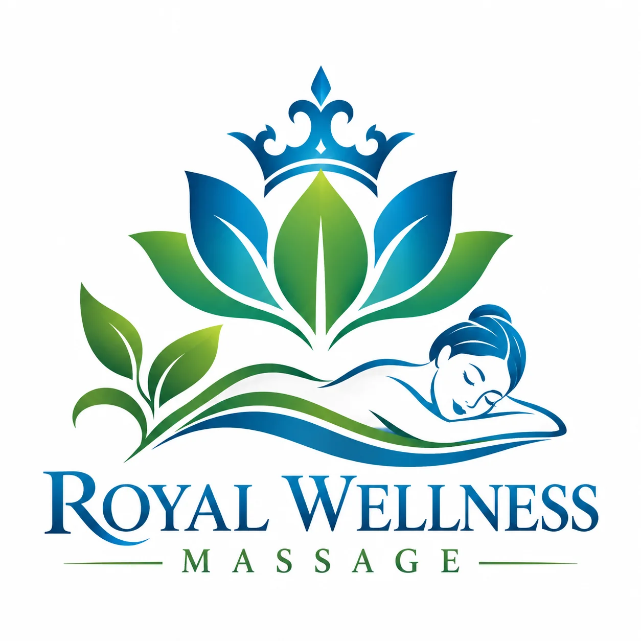 Royal Wellness Massage blue and green lotus logo